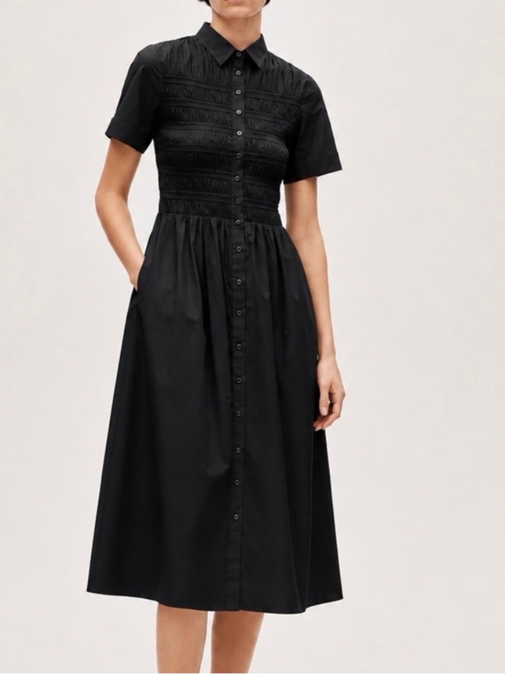 J. Crew Elsie Shirt Dress Cotton Poplin Black Petite Smocked Button Up $178 Sz.S